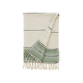 Beige and green towel with fringes on a white background
