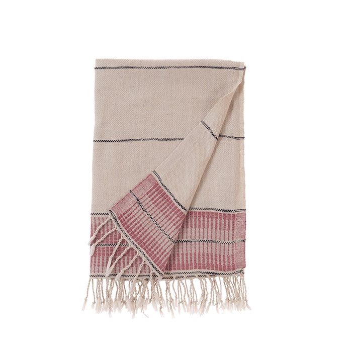 Beige and red plaid towel with fringes on a white background