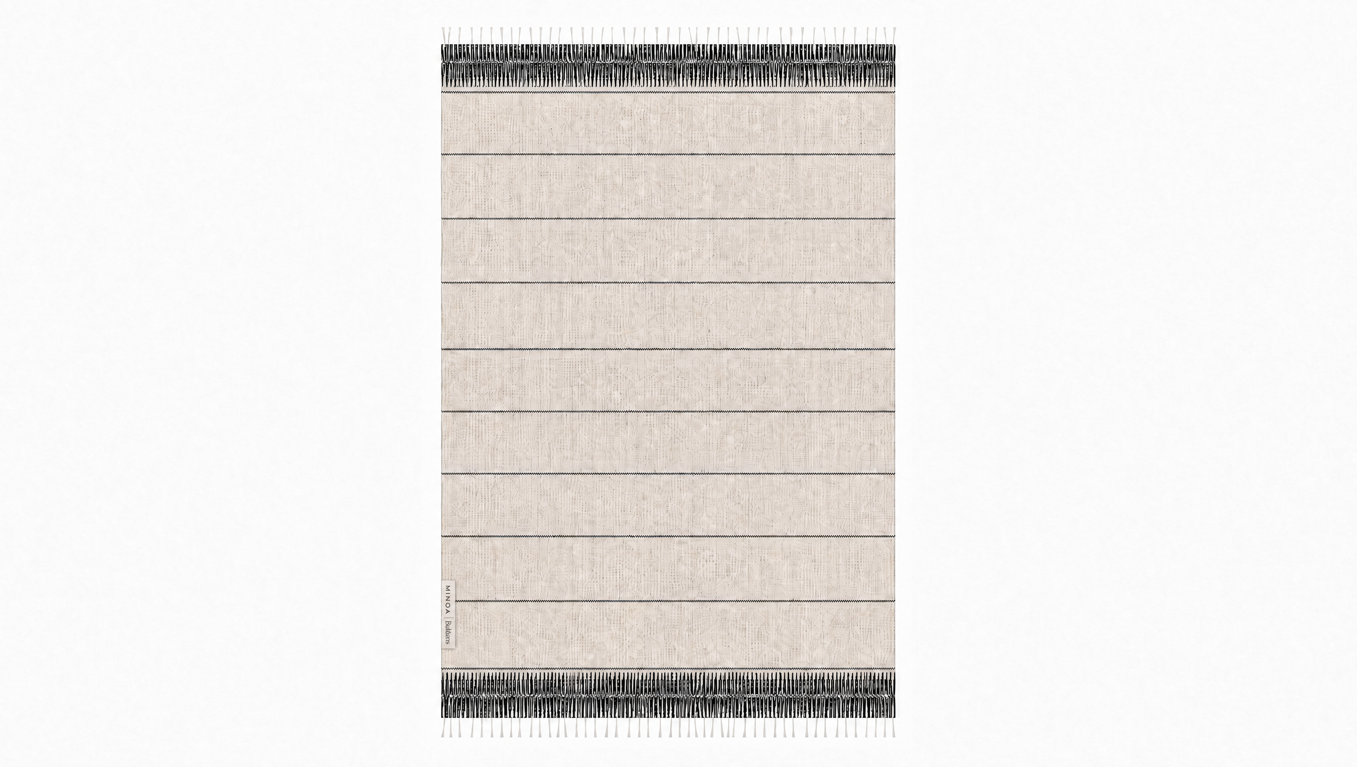 A rectangular woven towel with a light beige body, horizontal dark gray stripes, and dark gray fringe detailing on the top and bottom edges, shown against a plain white background.