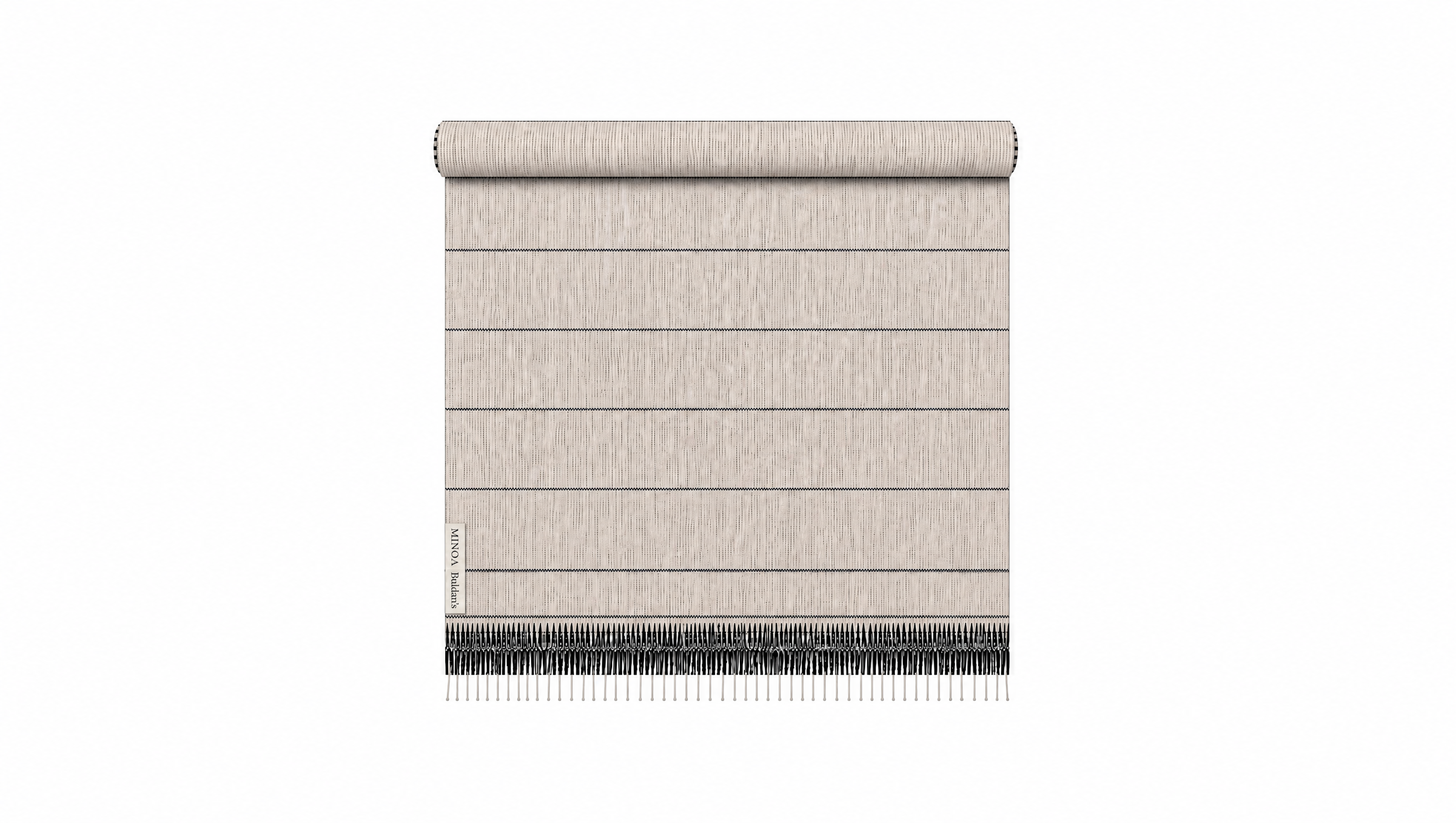 A beige towel with a textured horizontal slat pattern, shown partially rolled up against a plain white background.