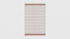 A rectangular woven towel with narrow horizontal stripes in beige, brown, and muted red, shown flat against a light gray background.