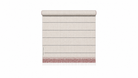 A beige towel blind with horizontal pleats and a dusty rose pink fringe, shown partially rolled up against a plain white background.