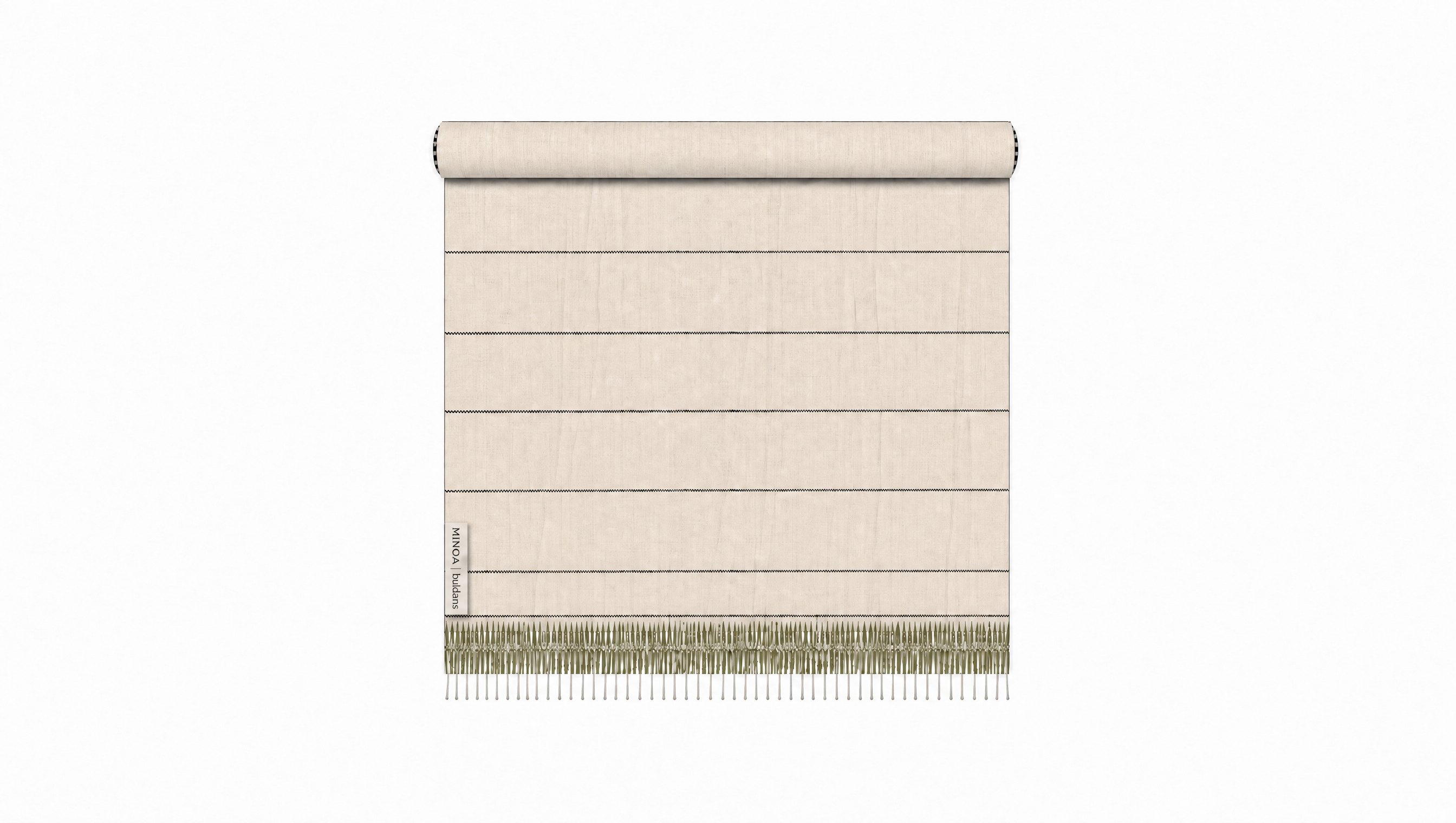 A beige towel Roman blind with horizontal slats and a fringed bottom edge, shown partially rolled up against a plain white background.