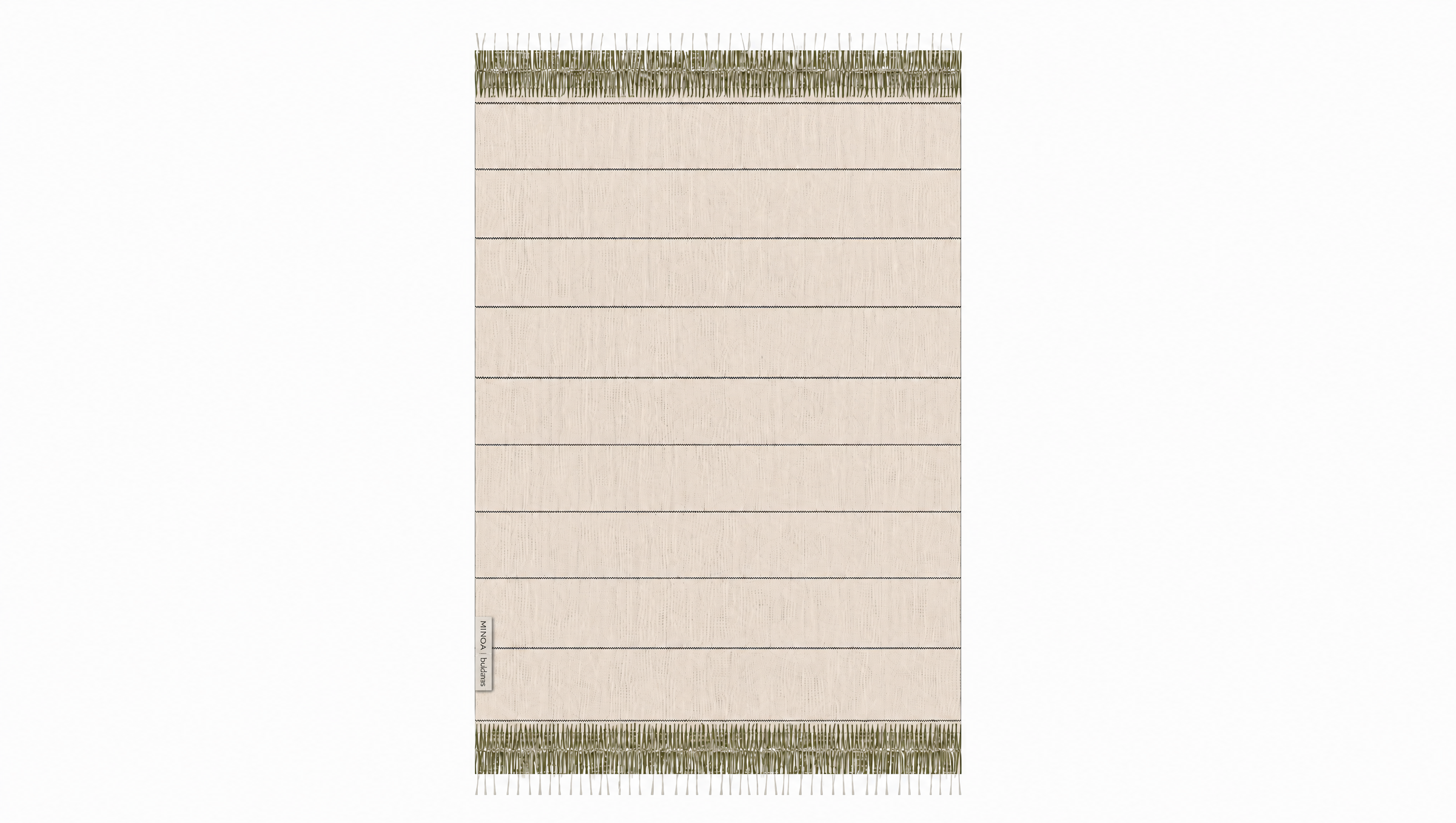 A rectangular beige towel with horizontal stitched stripe lines and textured olive green patterned borders at the top and bottom, shown flat against a white background.