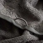 Close-up of a textured gray towel with a small ring on a gray background