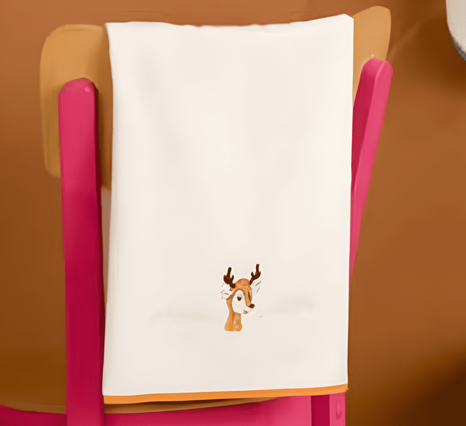 White towel with a deer design on a pink chair against a brown background