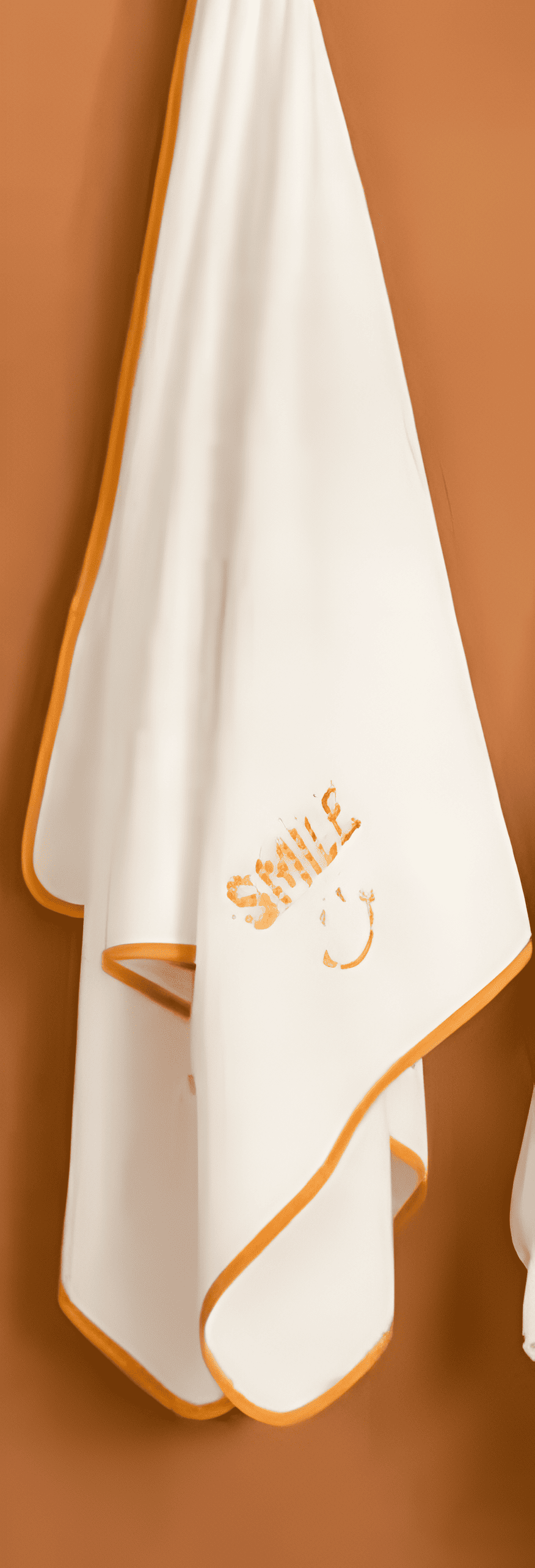 White towel with orange border and 'SMILE' text on a brown background