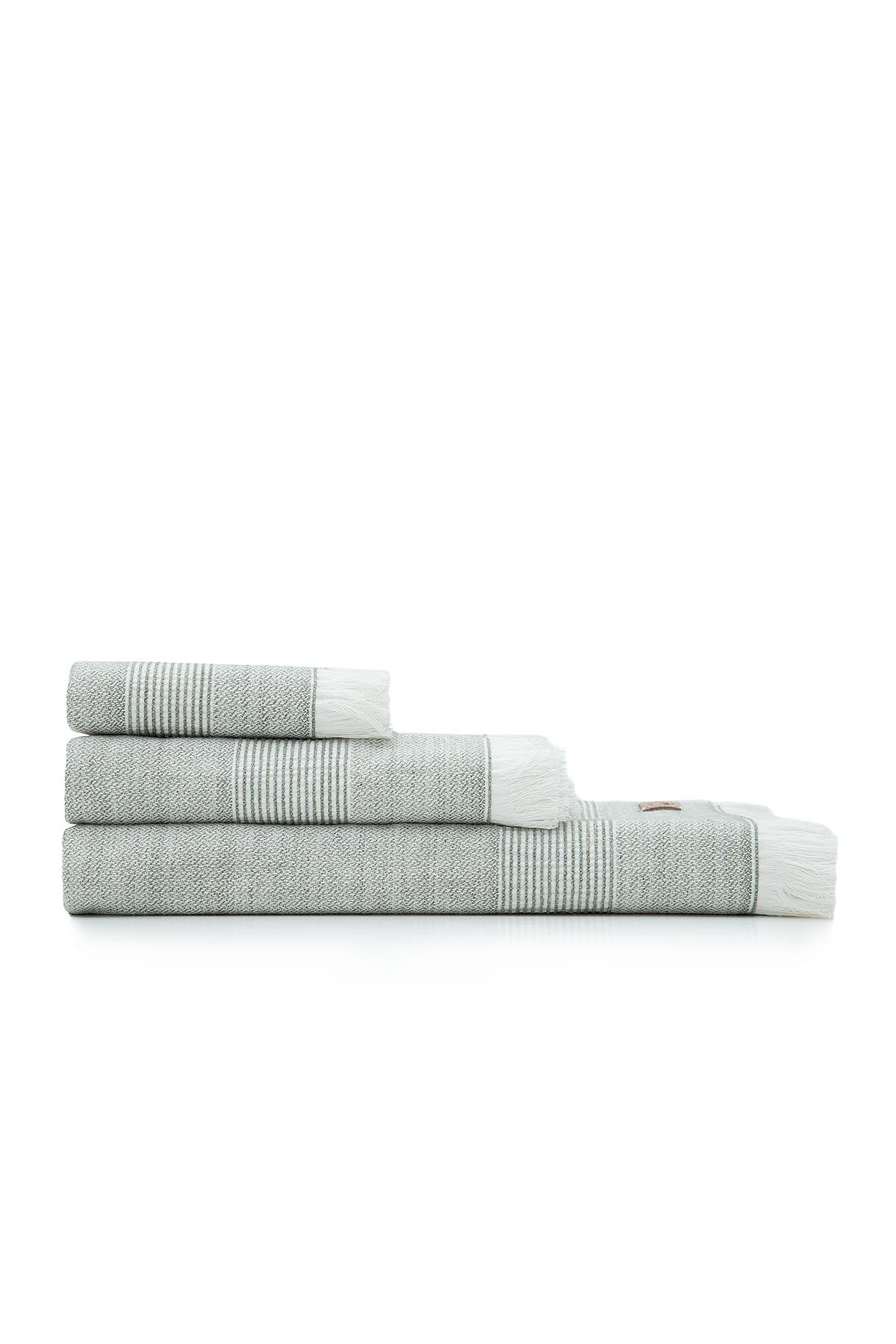 Front view of the three-piece Hasna Organic Aegean Cotton and Linen Bath Set in Pine Breeze, neatly arranged to show size and color variation