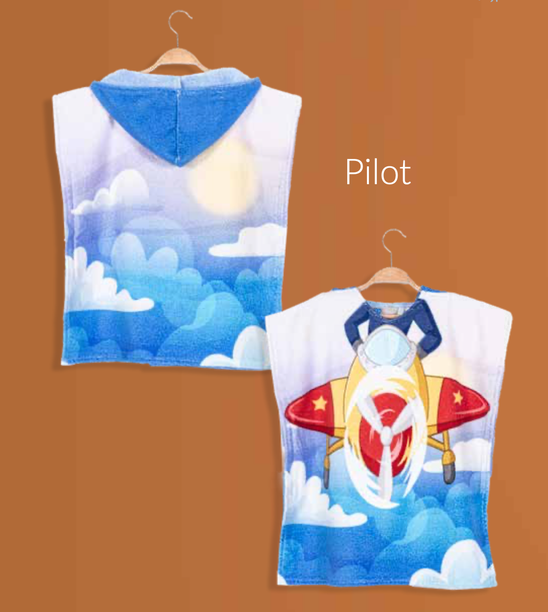 Children's poncho featuring a fun pilot pattern, crafted from soft cotton for comfort and warmth after their pretend flying adventures