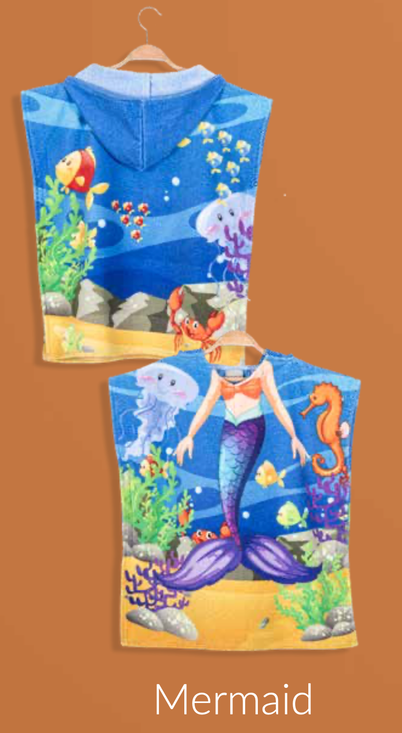 Children's poncho featuring a beautiful mermaid pattern, with soft cotton fabric, perfect for imaginative play and post-swim warmth