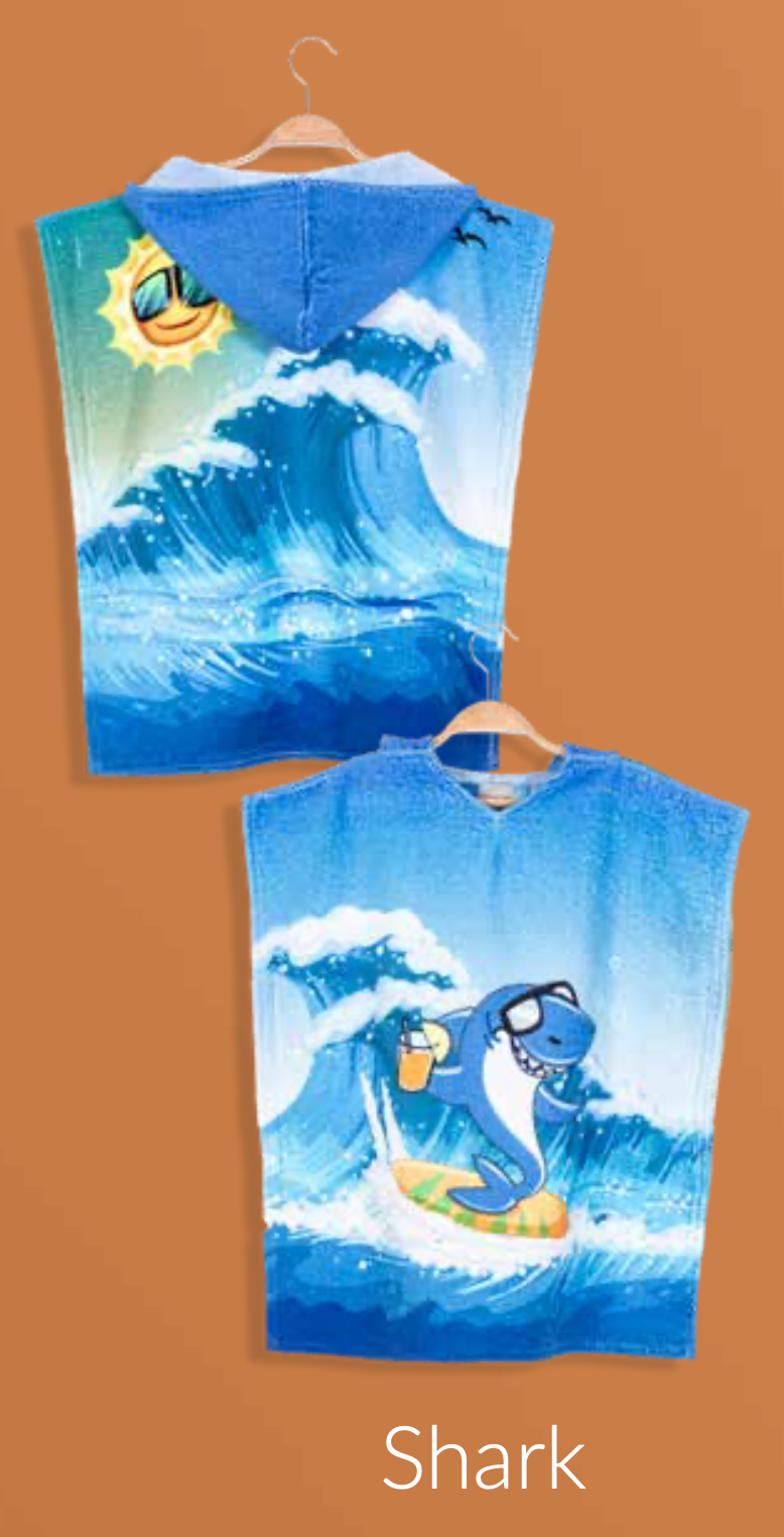 Children's poncho with a fun shark pattern, designed with soft cotton for a cozy, adventurous feel after bath time or swimming
