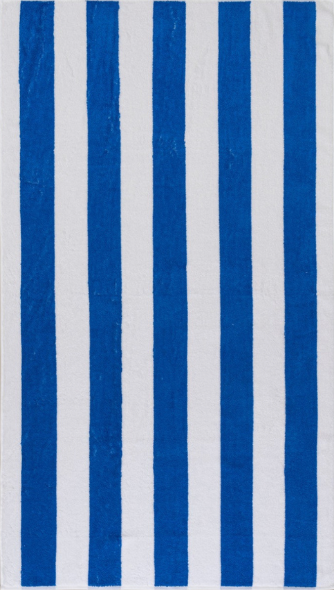 Royal Blue/White Cabana beach towel with strip motifs by Minoa Home.