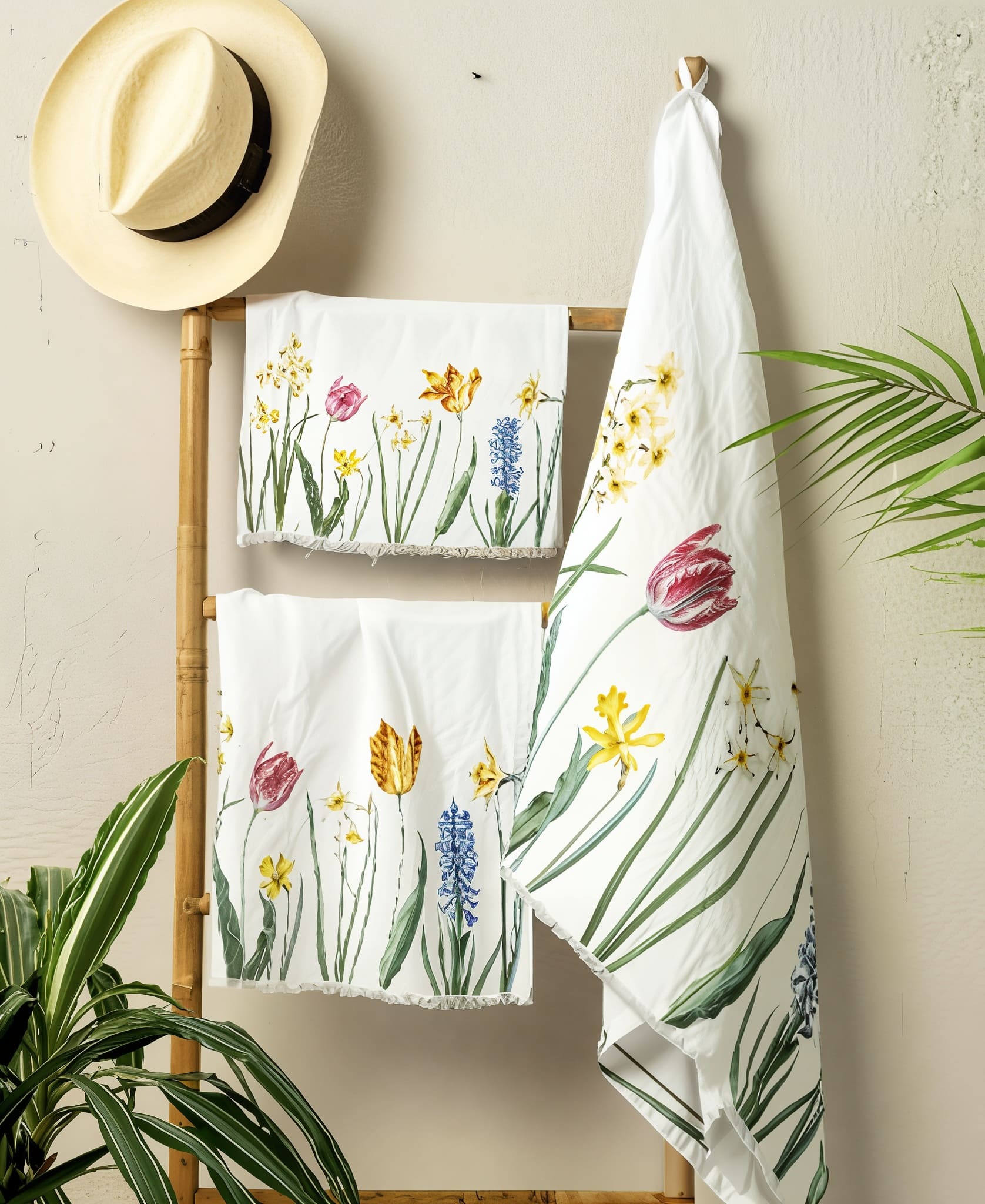 Floral-patterned towels hanging on a rack with a hat and plants in the background.