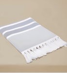 Grey Mai Beach Towel with Flat Weave Face and Full Terry Loop Back with Knotted Fringe