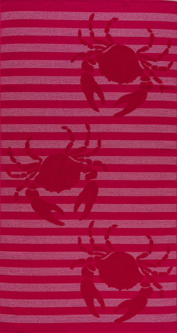 Fuchsia Jenka beach towel with crab motifs on striped background by Minoa Home.