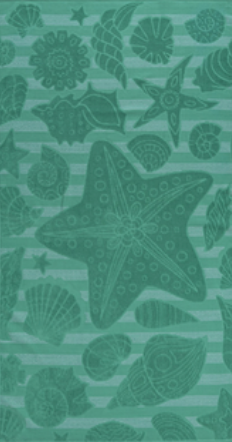 Green Jenka beach towel with starfish motifs on striped background by Minoa Home.
