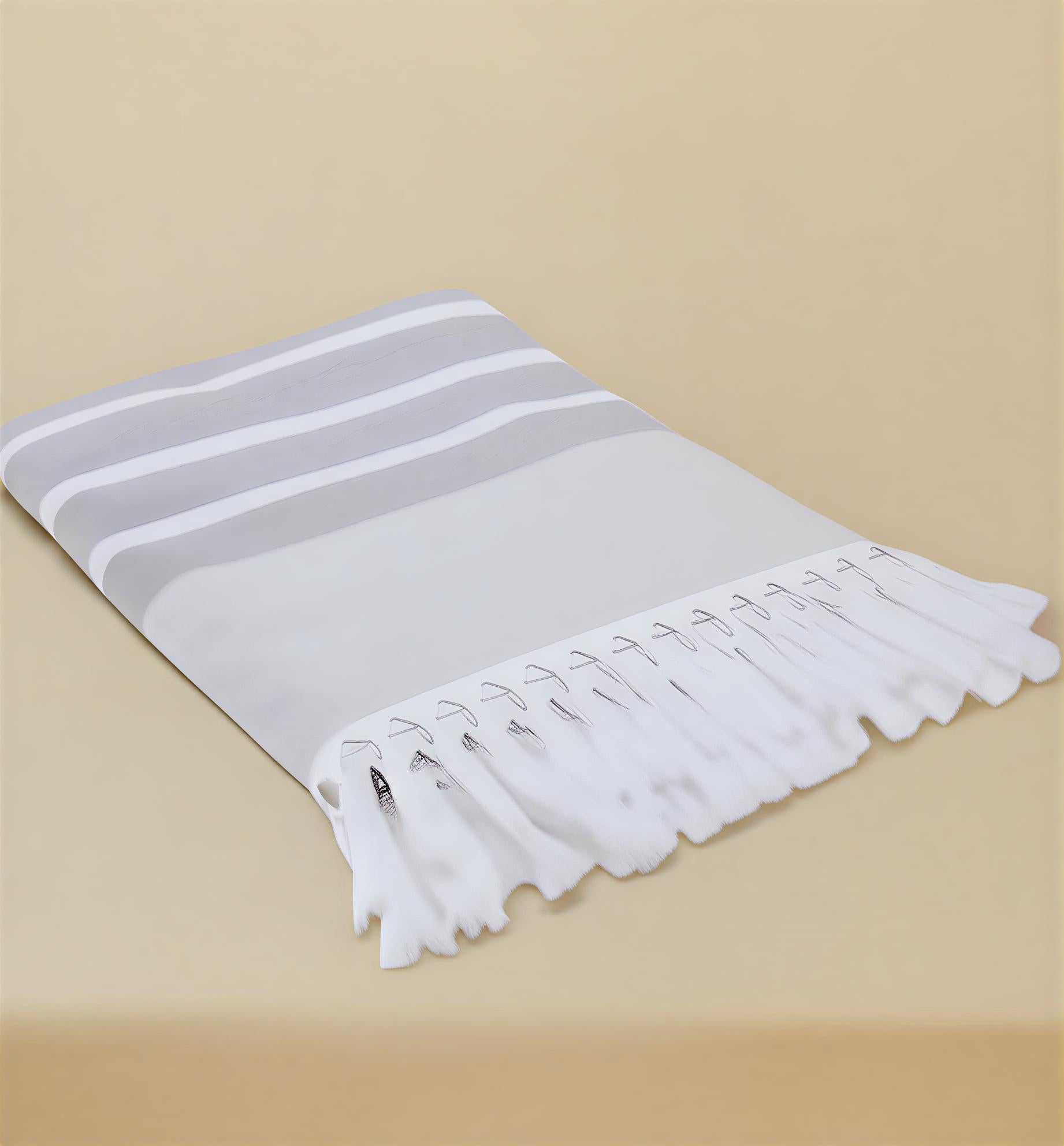 Grey Mai Beach Towel with Flat Weave Face and Full Terry Loop Back with Knotted Fringe