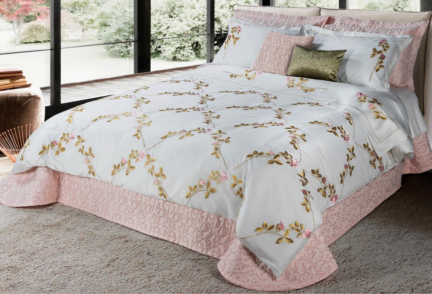 Beautiful rose-pink floral pattern set beside the window