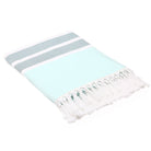 Light blue towel with white and gray stripes on a white background
