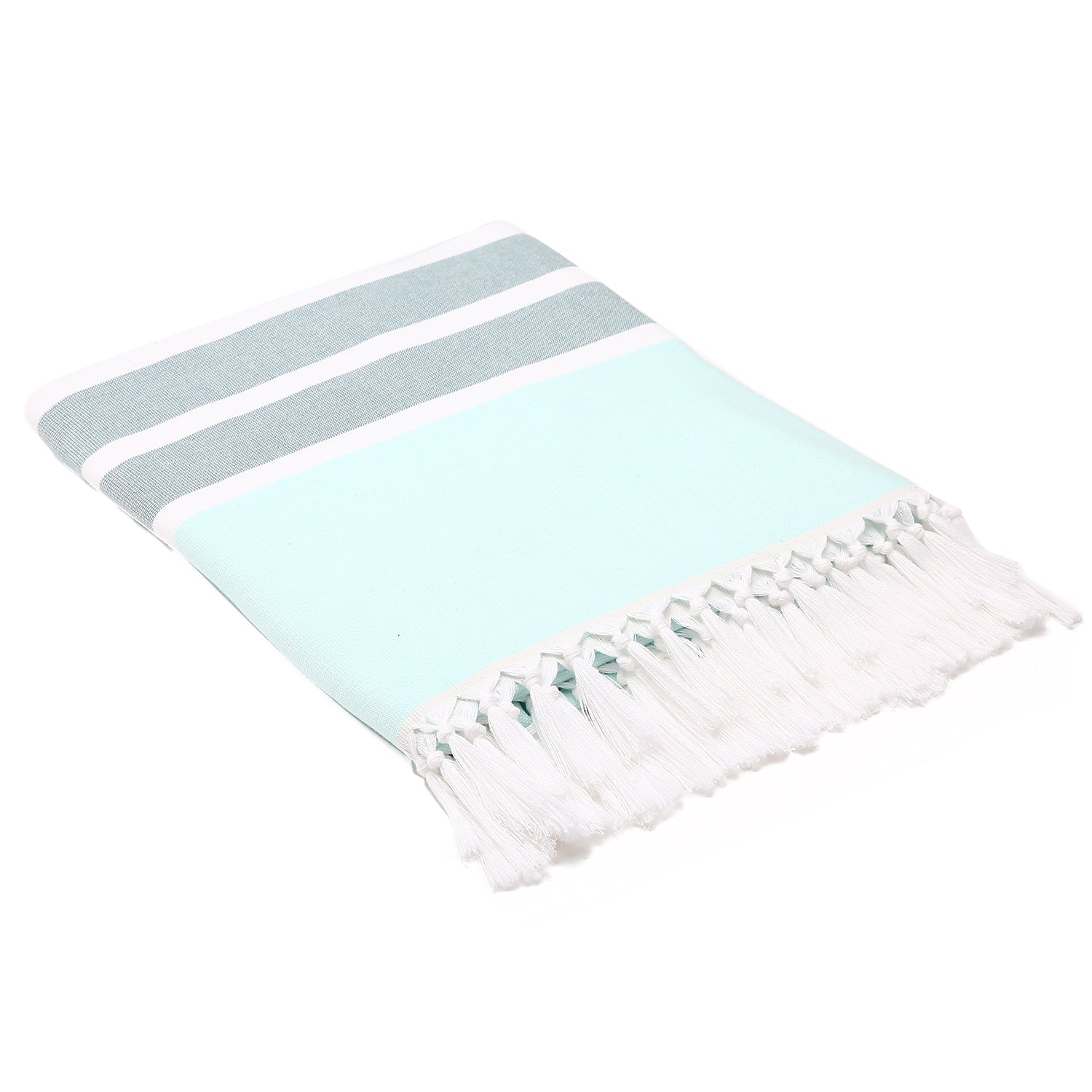 Light blue towel with white and gray stripes on a white background