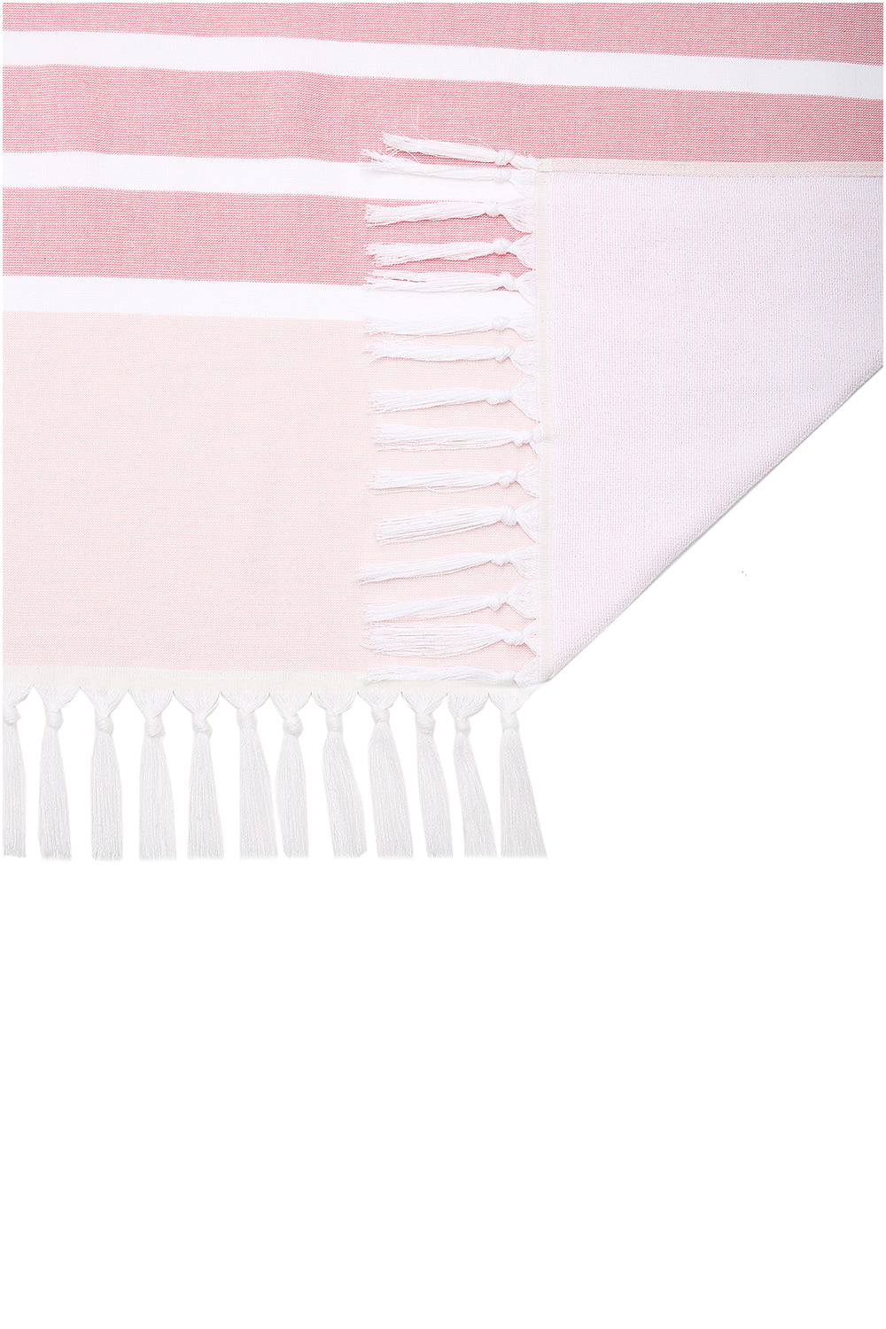 Pink and white striped towel with fringes on a white background