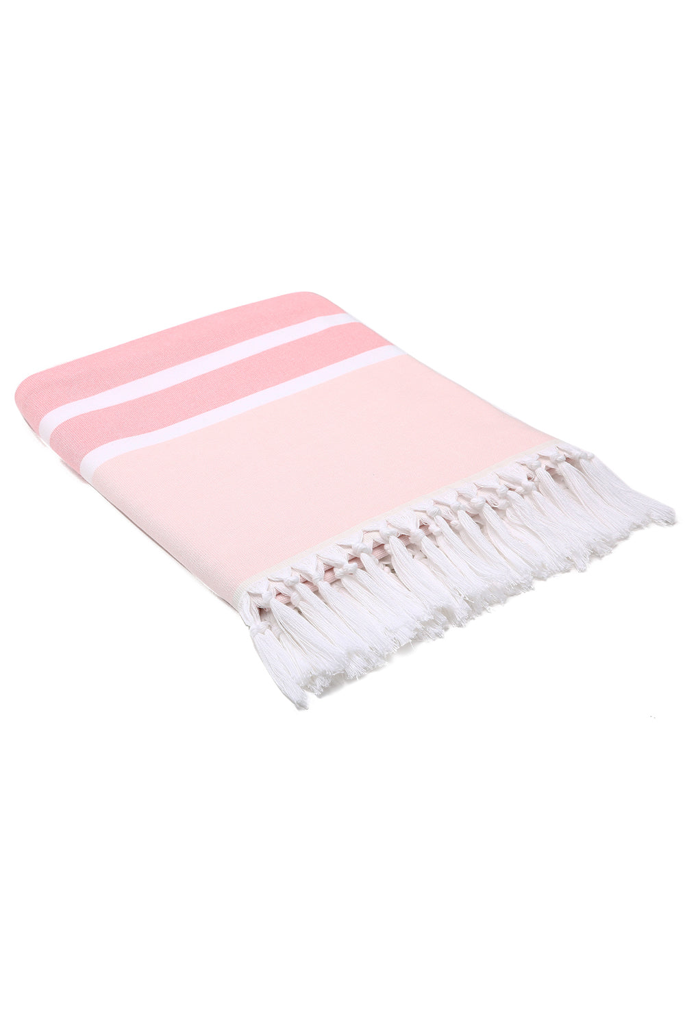 Pink towel with white stripes and fringes on a white background