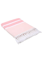 Pink towel with white stripes and fringes on a white background