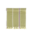 Green towel with striped pattern and fringes on a white background