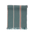Teal towel with red and white stripes on a white background