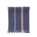 Blue towel with pink stripes on a white background