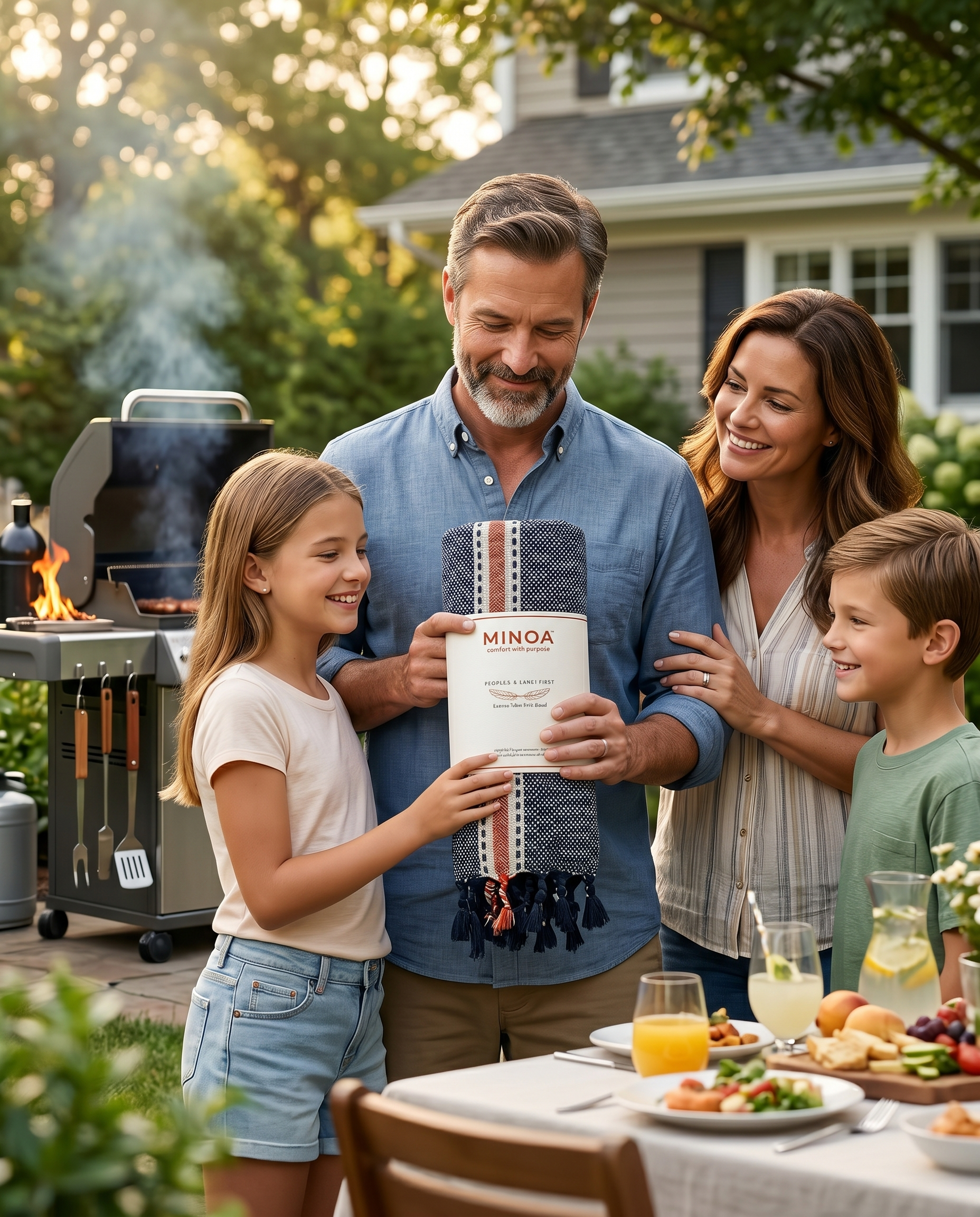 A family of four gathers in a sunny backyard patio setting, with a man holding up a folded dark gray towel featuring red, white, and blue stripes and tassels. The towel has the brand name 'MINOA' printed on the label.