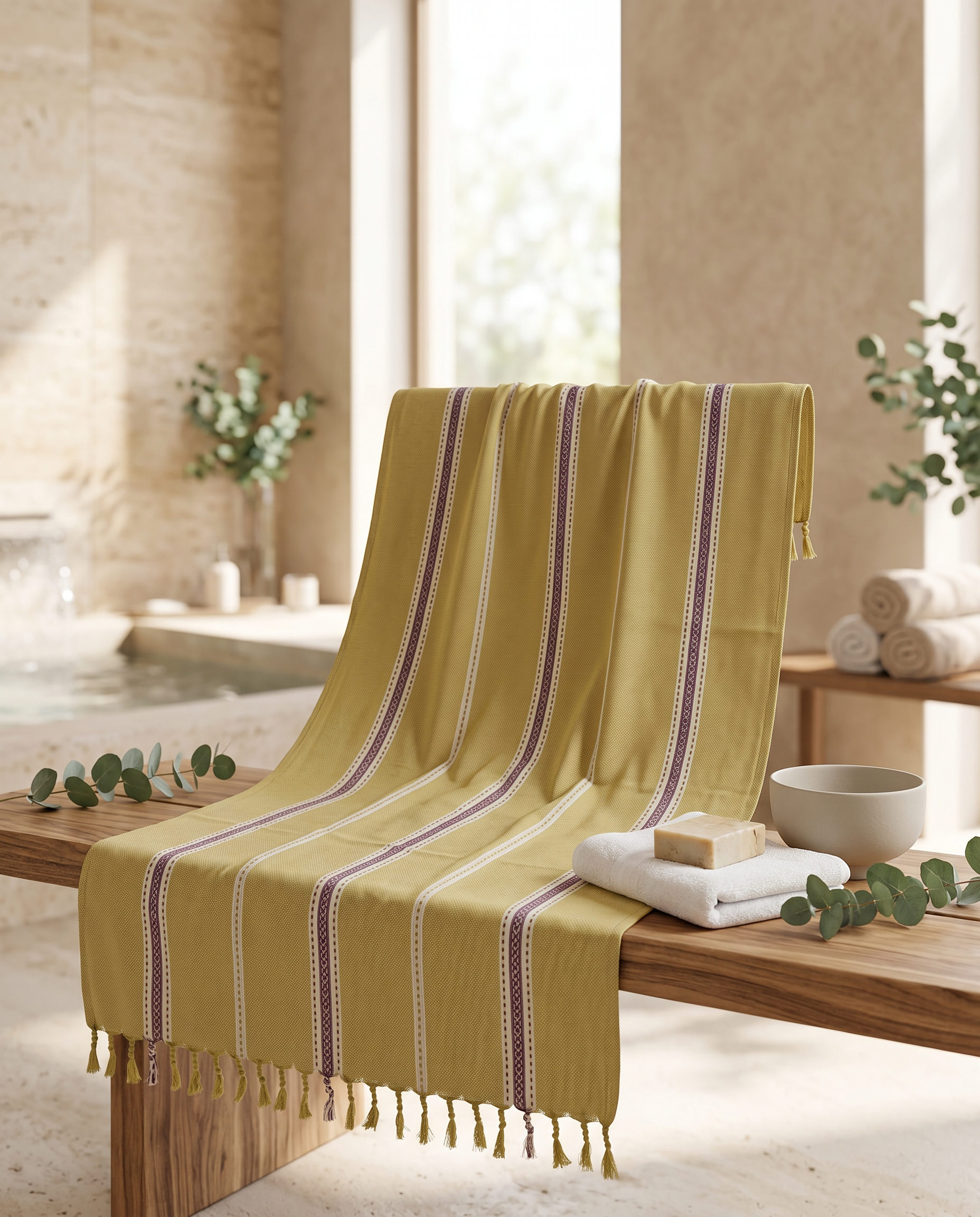 A mustard yellow cotton towel with purple and white striped patterns and tassels, draped over a wooden bench in a warm, spa-like bathroom setting.