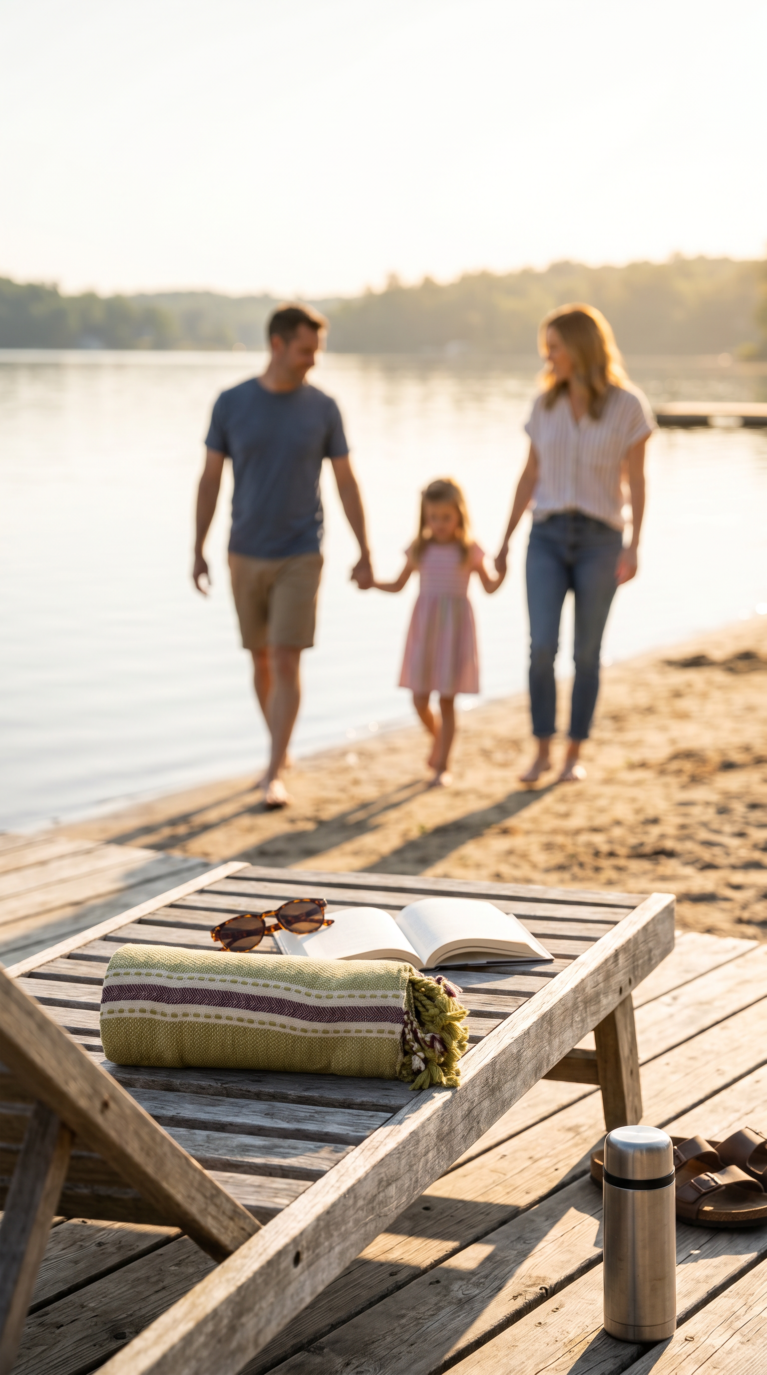 A family of three walks hand-in-hand along a sandy lakeshore at sunset, with a wooden dock lounge chair in the foreground holding sunglasses, an open book, a striped towel, and a silver thermos.