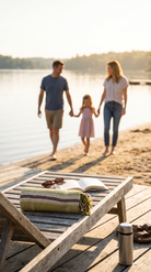 A family of three walks hand-in-hand along a sandy lakeshore at sunset, with a wooden dock lounge chair in the foreground holding sunglasses, an open book, a striped towel, and a silver thermos.