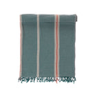 Teal towel with red and white stripes on a white background