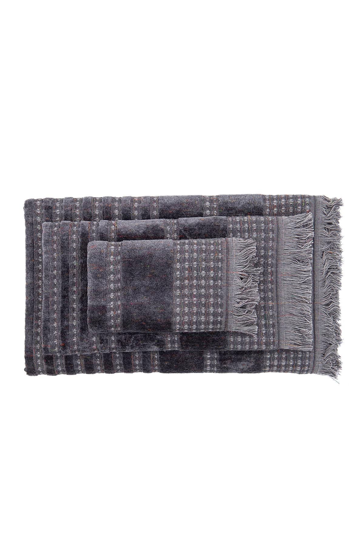 Set of three gray textured towels on a white background