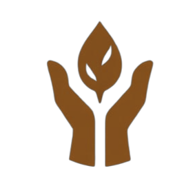 Brown icon of hands holding a leaf on a white background