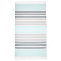 Striped towel with alternating light blue and gray stripes on a white background