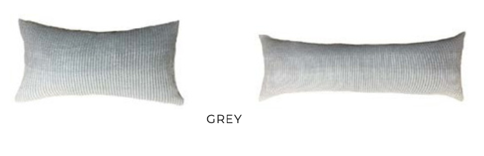 Amaya striped cushions in Grey — standard and lumbar pillows in soft neutral tones for timeless, sustainable home decor.