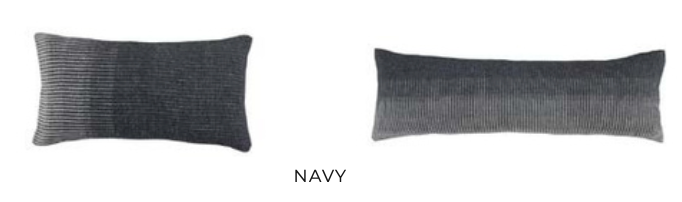 Set of two Amaya striped cushions in Navy — standard and long lumbar decorative pillows for sustainable minimalist home styling.