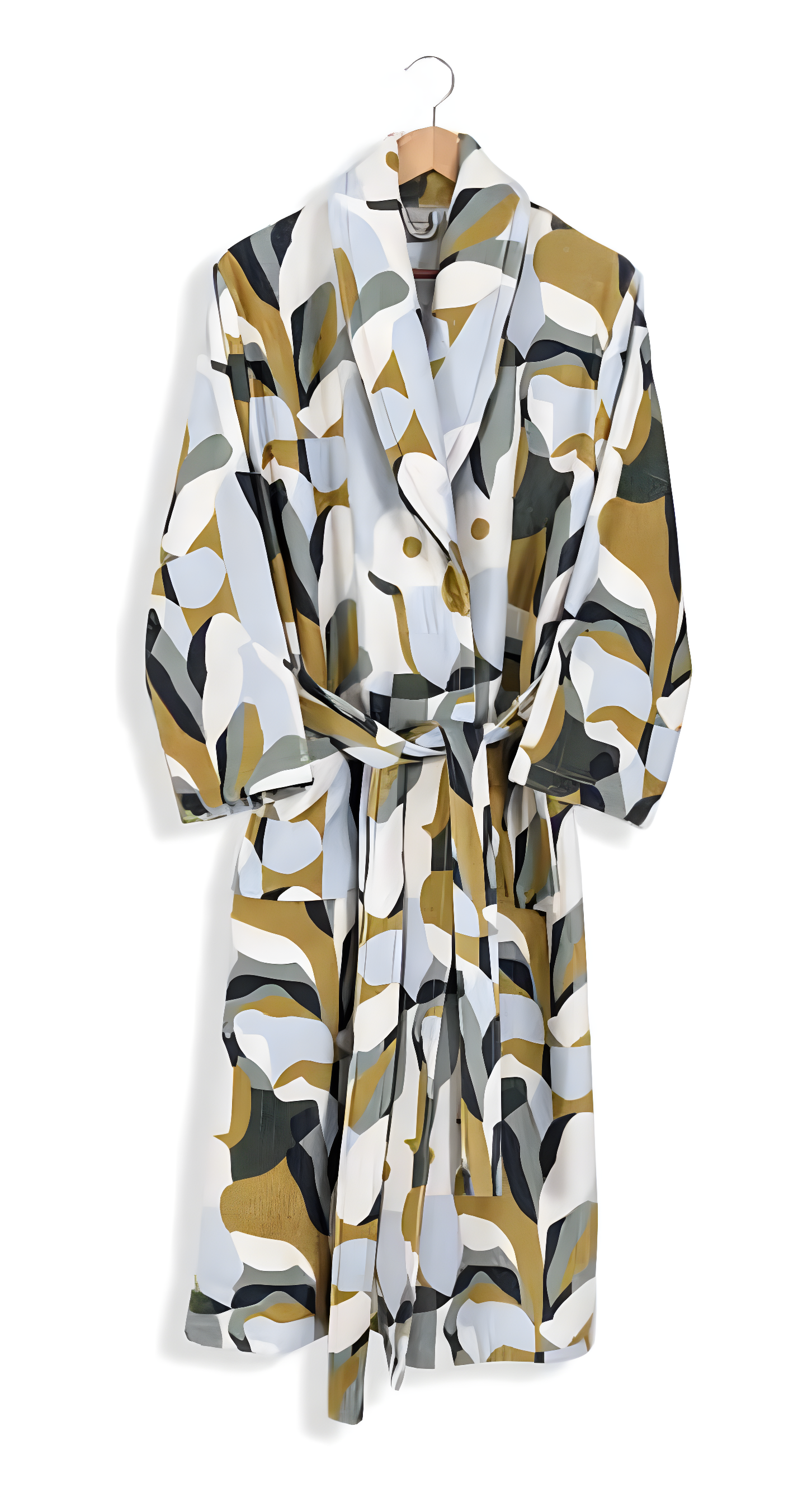Patterned robe on a hanger against a white background