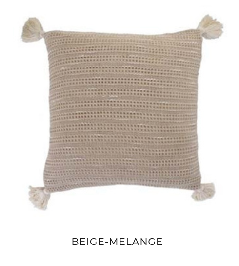 Minoa Fresco cushion in beige-melange with soft handwoven texture and neutral tassels, perfect for cozy modern home décor.