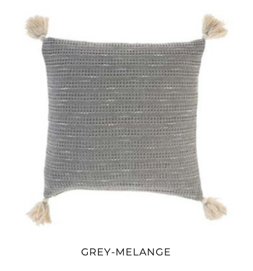 Minoa Fresco cushion in grey-melange with handwoven texture and beige tassels, ideal for minimalist and bohemian interiors.