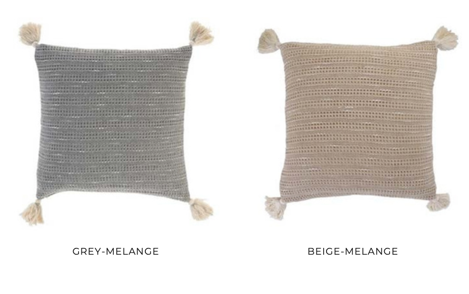 Side-by-side display of Minoa’s Fresco cushions in grey-melange and beige-melange, featuring handwoven texture and tassel details — perfect for boho home decor.