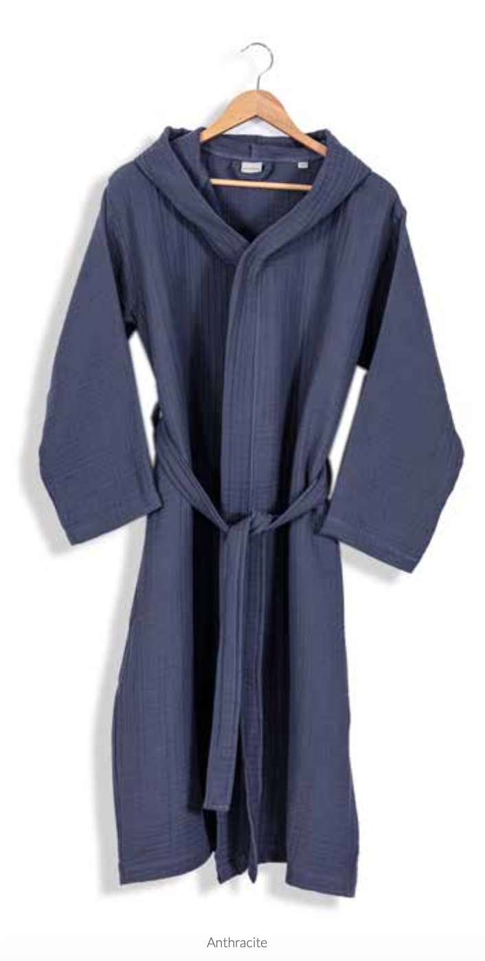 Luxury navy hooded bathrobe made from sustainable Aegean cotton, featuring a minimalist design with a waist tie—perfect for eco-conscious spa, hotel, or home use.