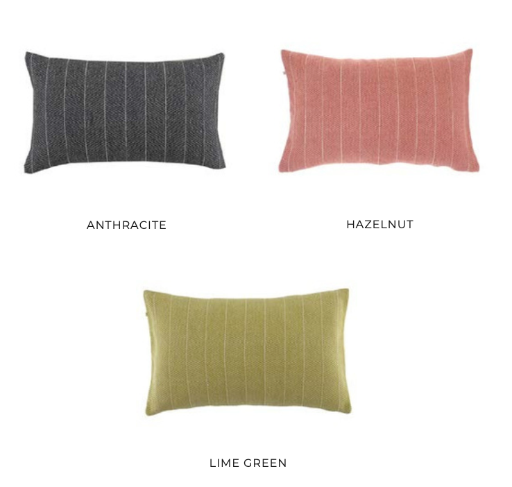 Set of three rectangular striped pillows in Anthracite, Hazelnut, and Lime Green — modern eco-conscious decorative cushions by Minoa Home.