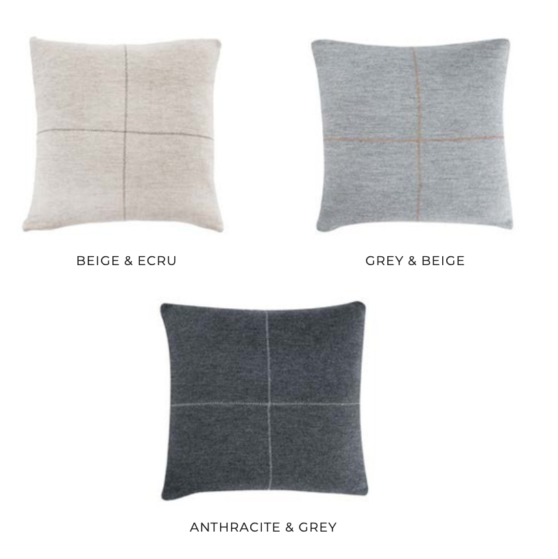 Talin stitched cushion trio in Beige & Ecru, Grey & Beige, and Anthracite & Grey — minimalist sustainable throw pillows with cross-stitch detail.