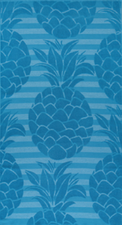 Tropical blue jacquard beach towel featuring bold pineapple patterns and horizontal stripes by Minoa Home.