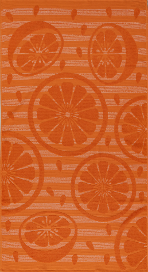 Bright orange jacquard beach towel with citrus slice pattern and striped background from Minoa Home